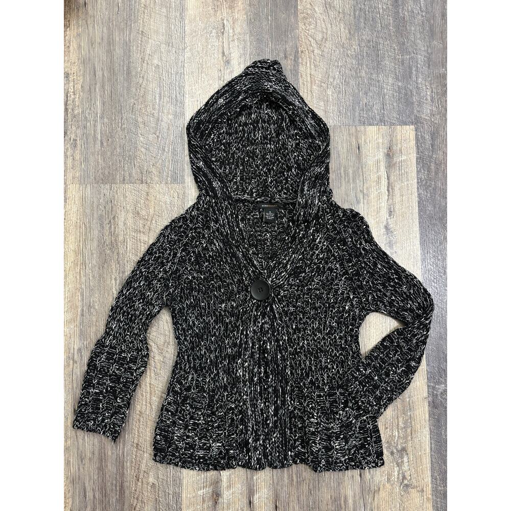 BCBGMAXAZRIA Womens Marled Black White Chunky Knit Hooded Button Cardigan‎ Small